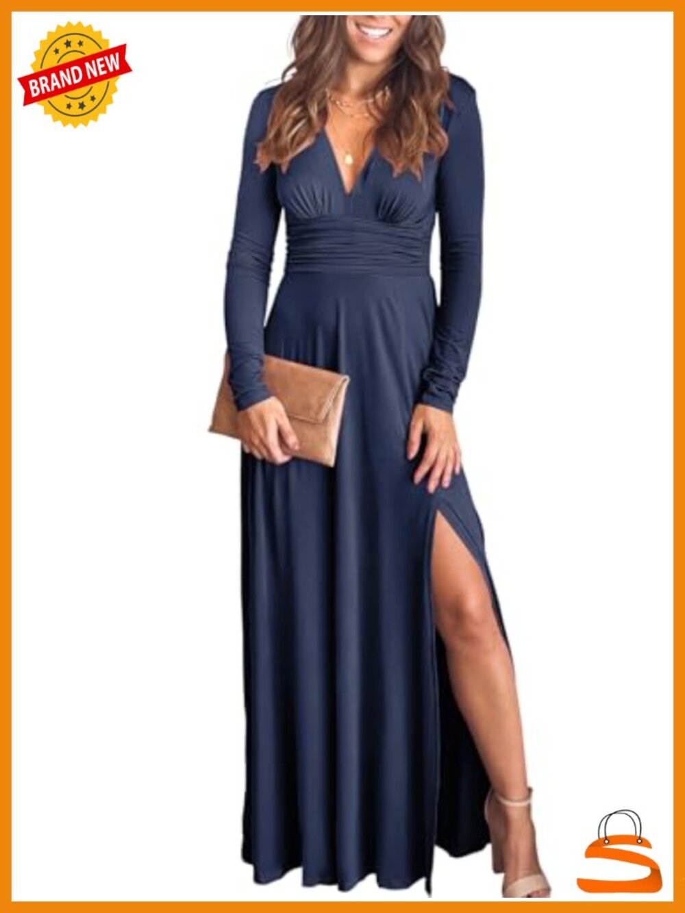 Women's Deep V Neck Long Sleeve Maxi Formal Wedding Guest Dress Pleated High